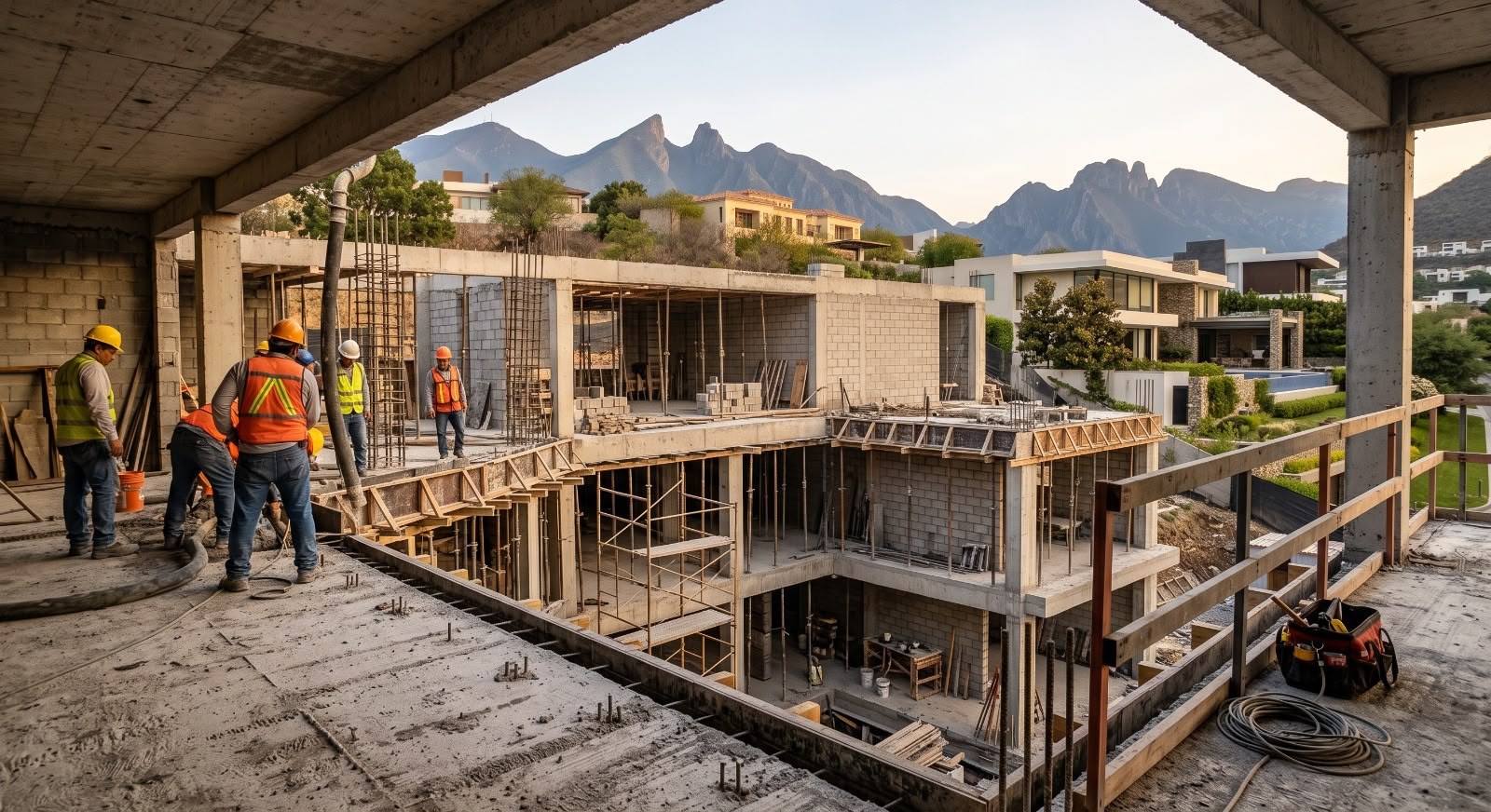 Obra residencial en proceso con estructura de concreto, trabajadores y montañas al fondo
