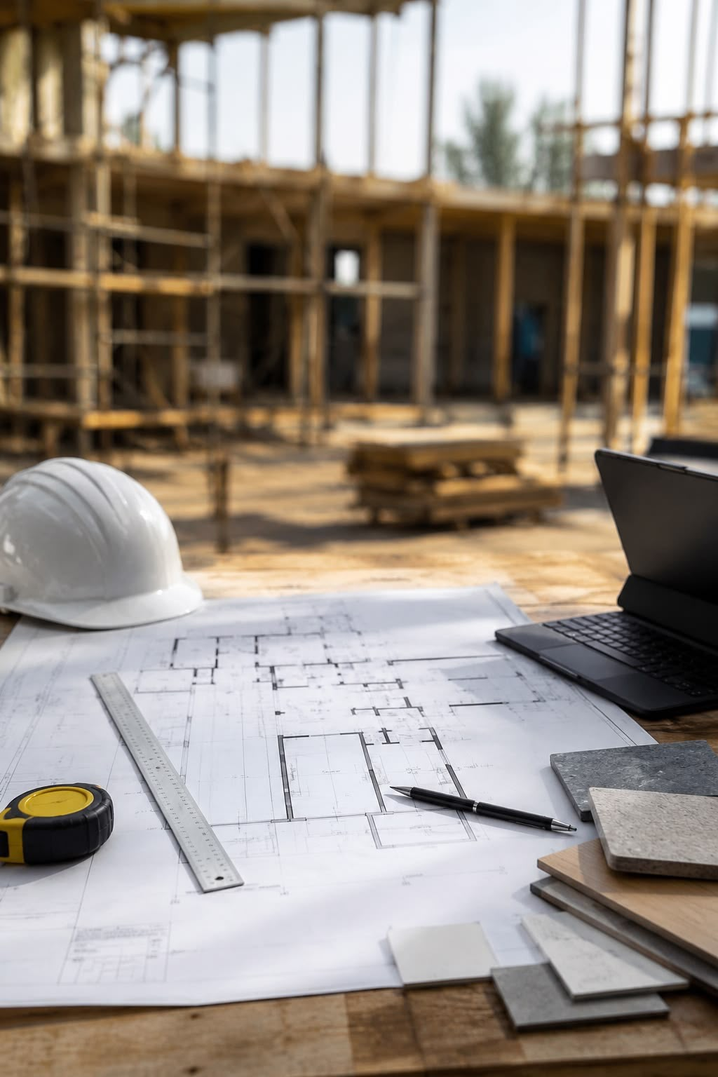 Planos arquitectónicos sobre mesa de obra con casco, laptop y muestras de material
