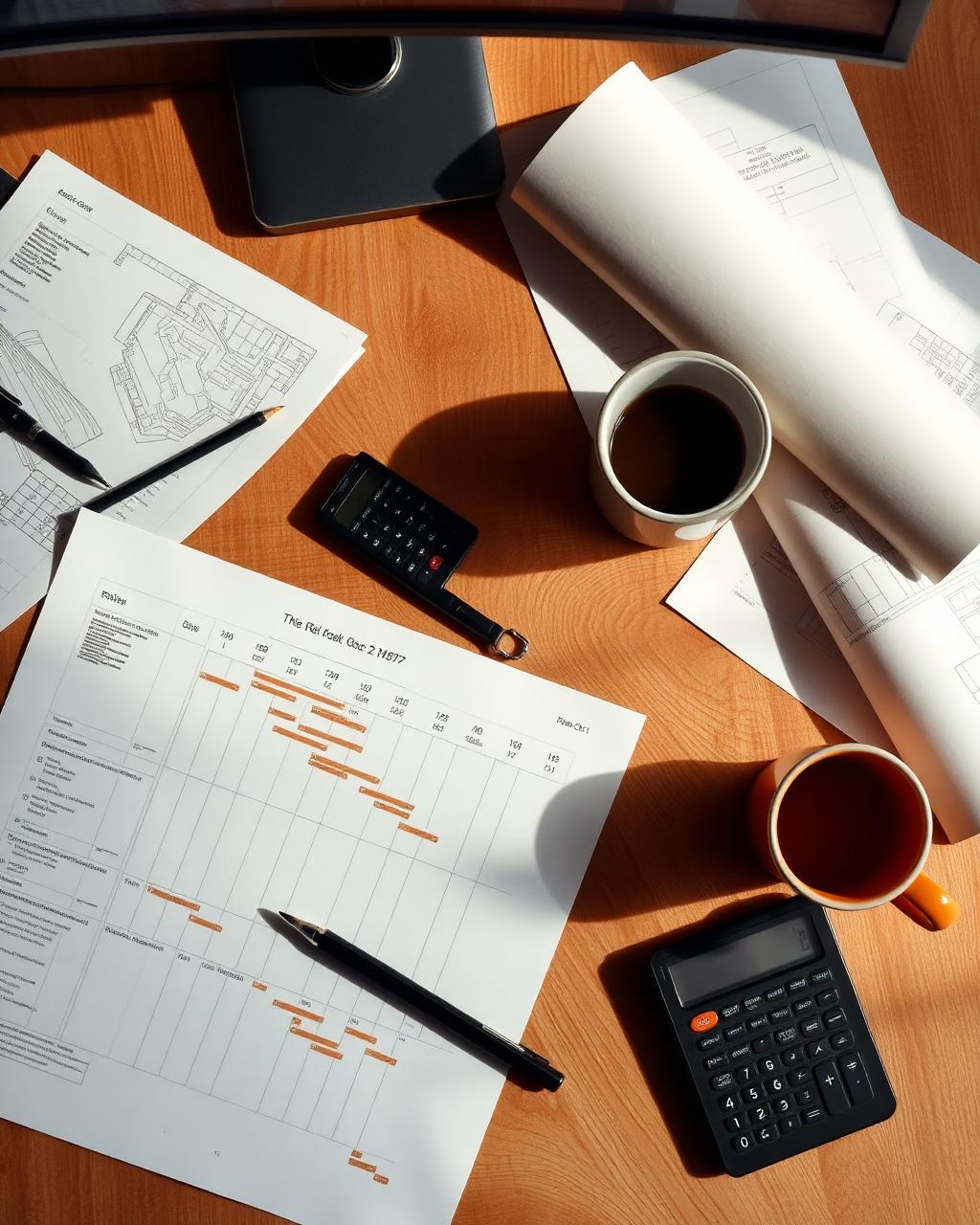 Escritorio con cronograma, planos y calculadora